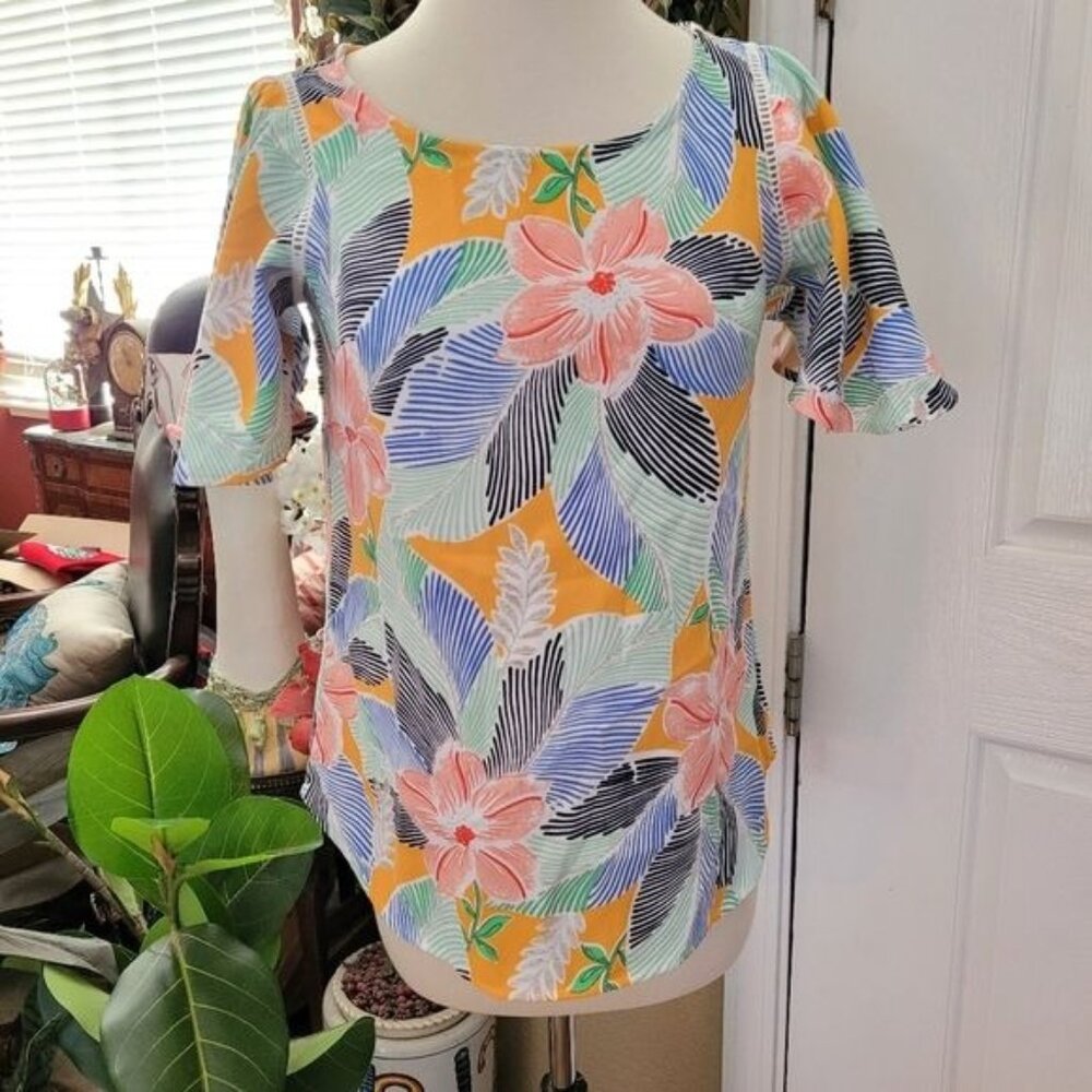 Ann Taylor Tropical Floral Top Blouse Pink Geometric Print Aloha bright …